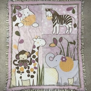 48x36 Purple Jungle Cocalo Crib Quilt Elephant Monkey Giraffe Zebra Blanket Flaw